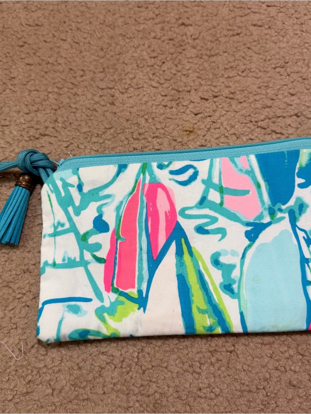 Lilly Pulitzer Floral Wristlet Cosmetic Pouch Turquoise Pink Tassel 8”